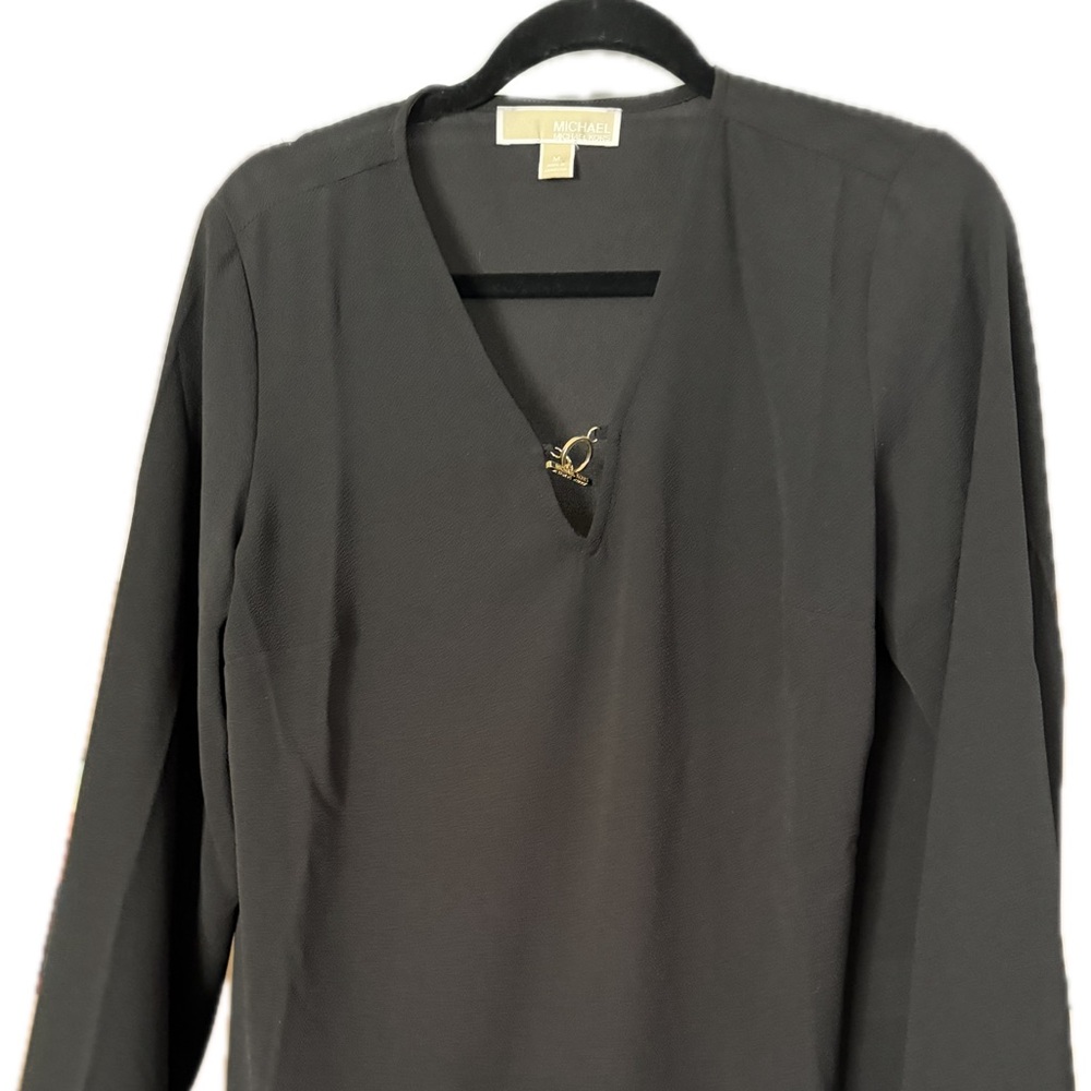 Michael Kors Black Long Sleeve V-Neck Top with Gold Accent